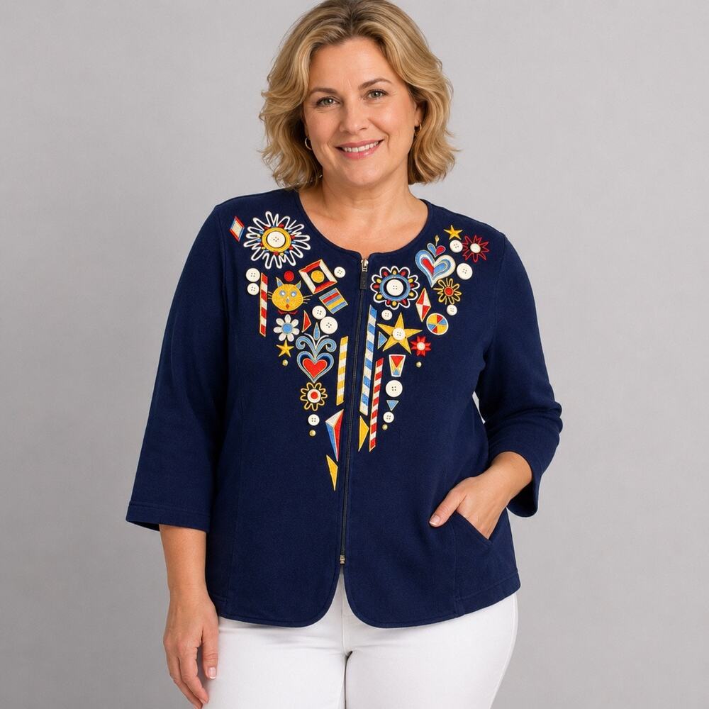 Bob Mackie Wearable Art Embellished Knit Jacket/Cardigan Sz1X Whimsical